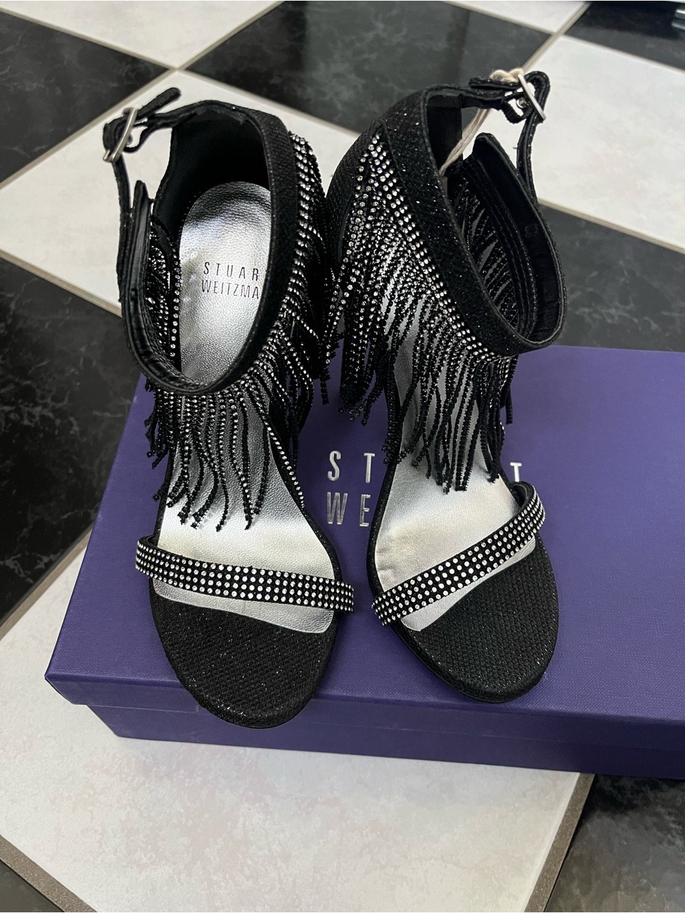 Stuart Weitzman Black Crystal Fringe Ankle-Strap Heels Sandals Sz 35 $695